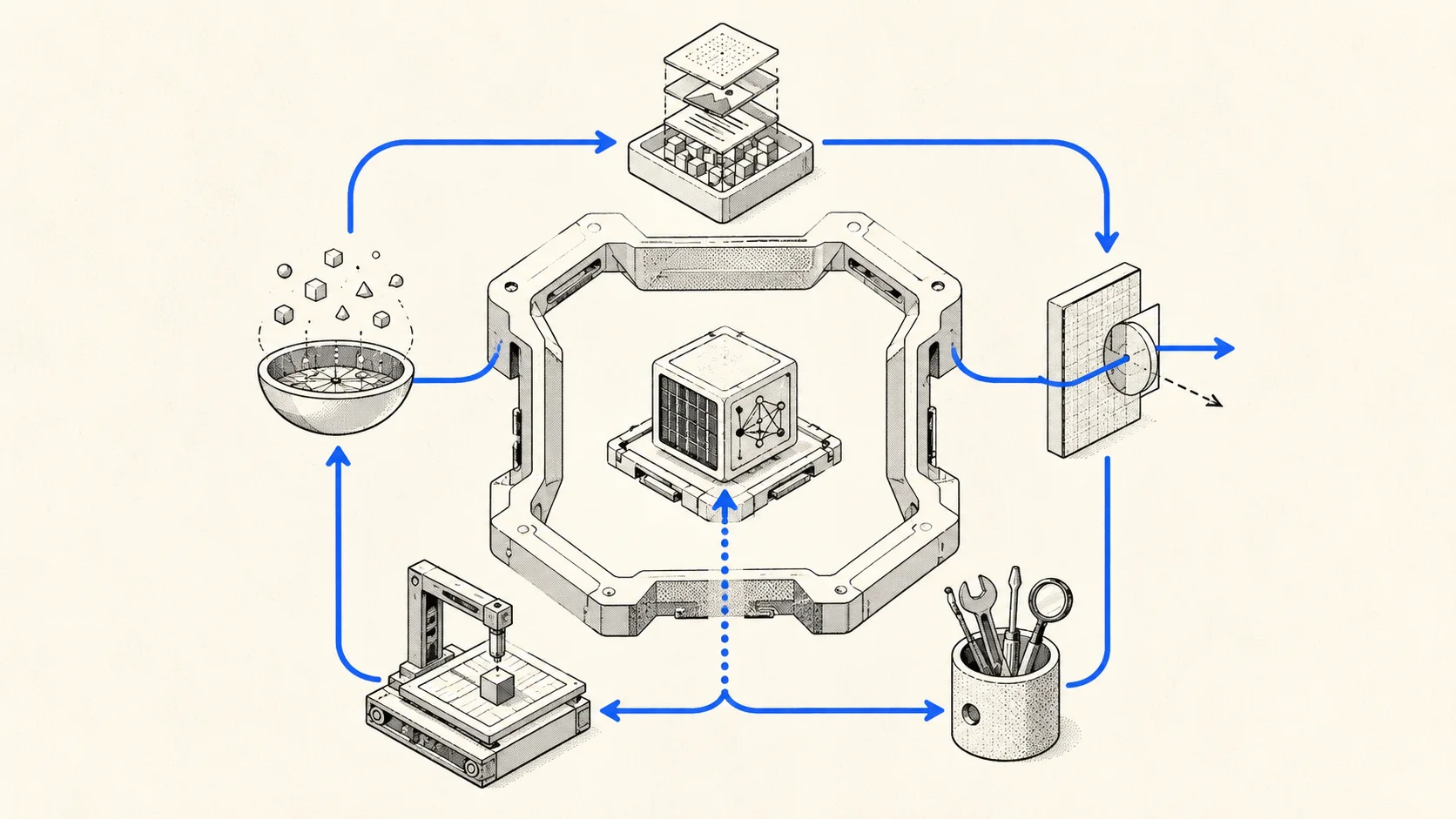 A small model core enclosed by a larger operational frame, with one blue path looping through context, policy, tools, execution, and observations.
