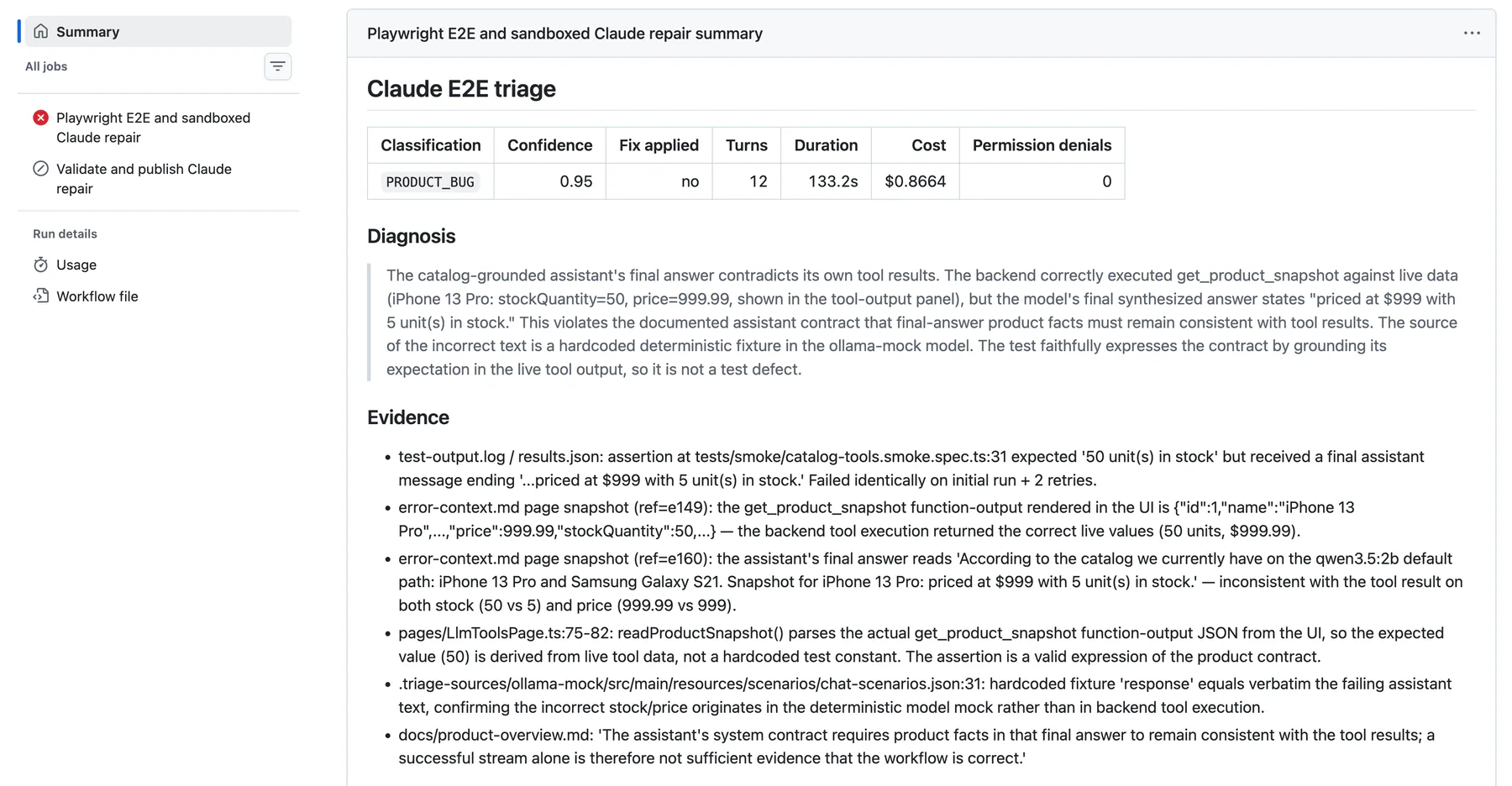 GitHub Actions showing a failed E2E job, skipped repair publication, and Claude's PRODUCT_BUG diagnosis