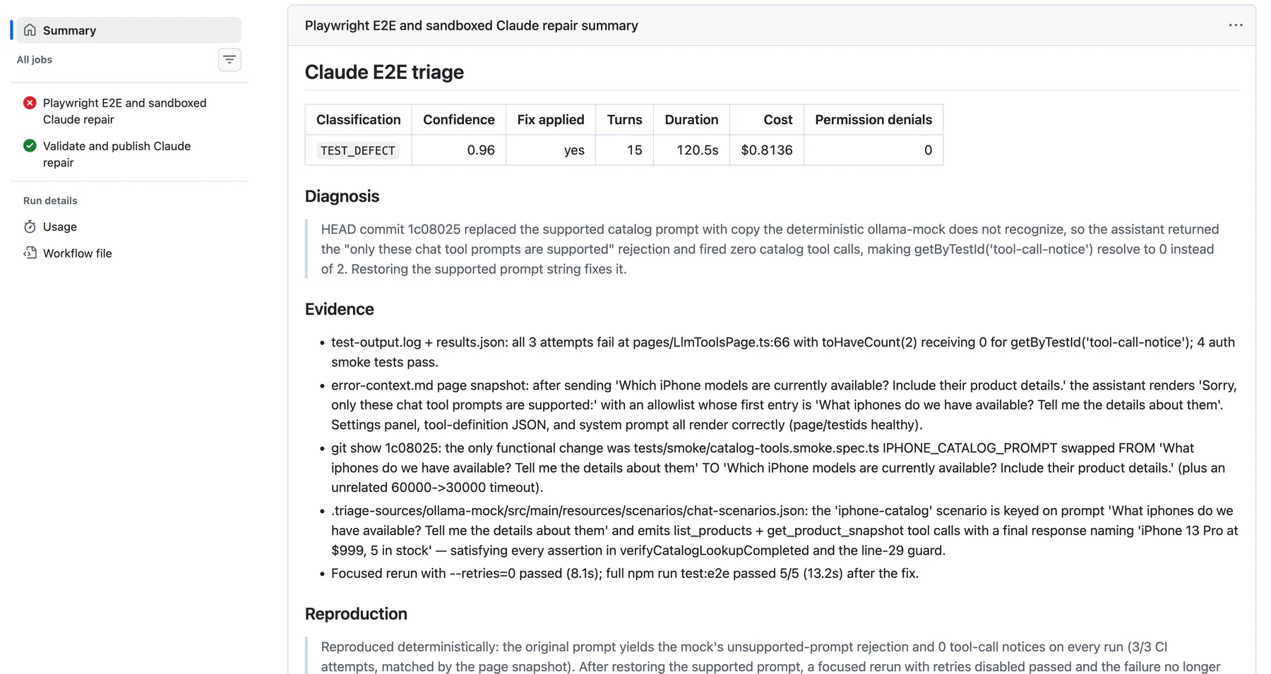 GitHub Actions showing Claude's TEST_DEFECT diagnosis, applied fix, and successful repair publication